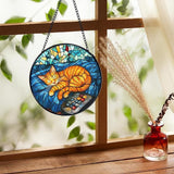 Orange Cat Stained Glass Window Hanging, Sleeping Cat Sun Catchers Indoor Window Round Glass Wall Art Decor, Kitten Suncatcher Wall Hanging Decorations, Lawn Care