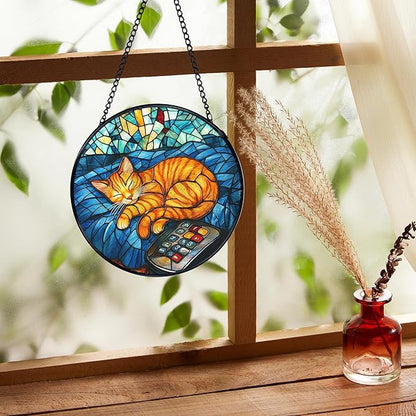 Orange Cat Stained Glass Window Hanging, Sleeping Cat Sun Catchers Indoor Window Round Glass Wall Art Decor, Kitten Suncatcher Wall Hanging Decorations, Lawn Care