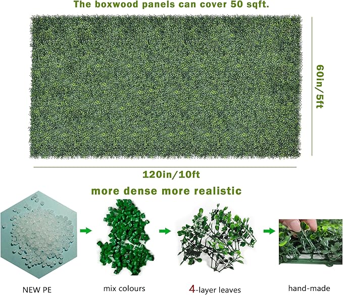 Bybeton 60"x120" (50 Sq Ft) Grass Wall Backdrop | Dense Artificial Greenery Wall Panels for Privacy & Decor | UV-Proof Faux Boxwood Hedge for Garden Fence, Balcony, Party & Indoor Plant Wall