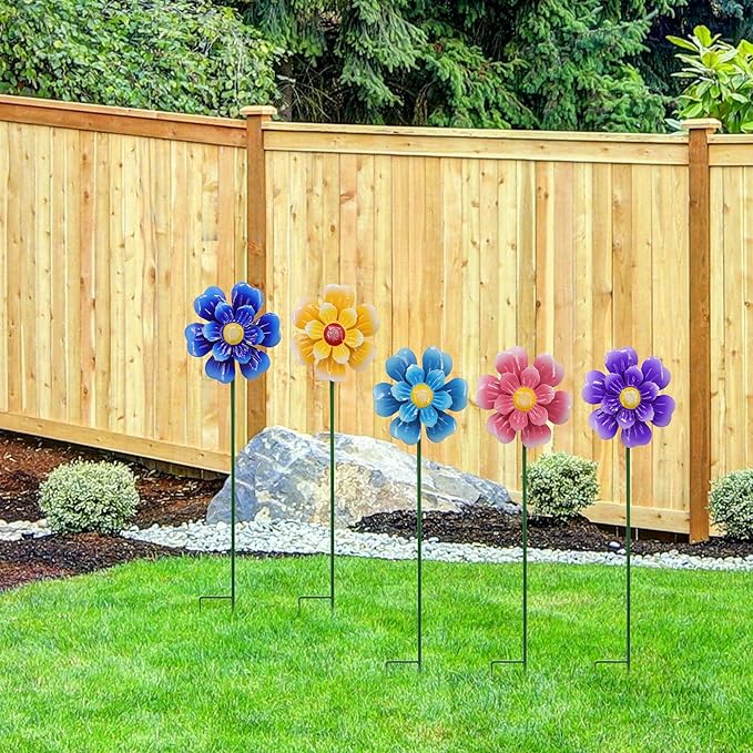 Metal Flower Wind Spinner Garden Lawn Stakes Yard Art, 27 Inch Windmill Outdoor Garden Iron Handicraft Lawn Ornament, Outside Front Porch Patio Yard Decor, 5 Pieces Outdoor Valentines Decoration Gift
