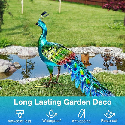 Elegant Metal Peacock Statue – Vibrant Garden Statues and Durable Metal Yard Art with Stunning Blue-Green - Peacock Decort for Patio Lawn or Backyard - Heartfelt Outdoor Art Gift for Women