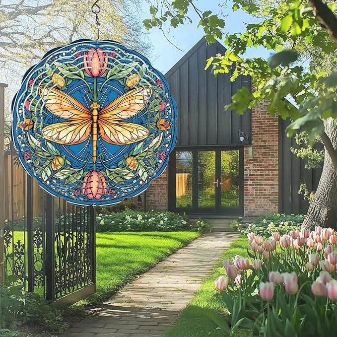 Dragonfly Floral Wind Spinners Outdoor, Hanging Wind Spinner for Garden Decoration, 8 inch 3D Stainless Steel Metal Wind Sculpture for Indoor/Outdoor Decor