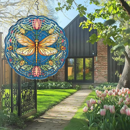 Dragonfly Floral Wind Spinners Outdoor, Hanging Wind Spinner for Garden Decoration, 8 inch 3D Stainless Steel Metal Wind Sculpture for Indoor/Outdoor Decor