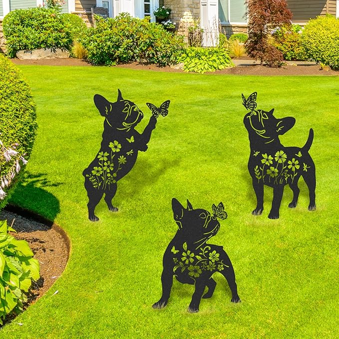 French Bulldog Gifts Decor - 3 Pcs Metal Garden Stakes Outdoor Animal Statue Decorations Patio Lawn Pathway Yard Art Ornaments Butterfly Flower Silhouette Christmas Birthday for Dog Lover