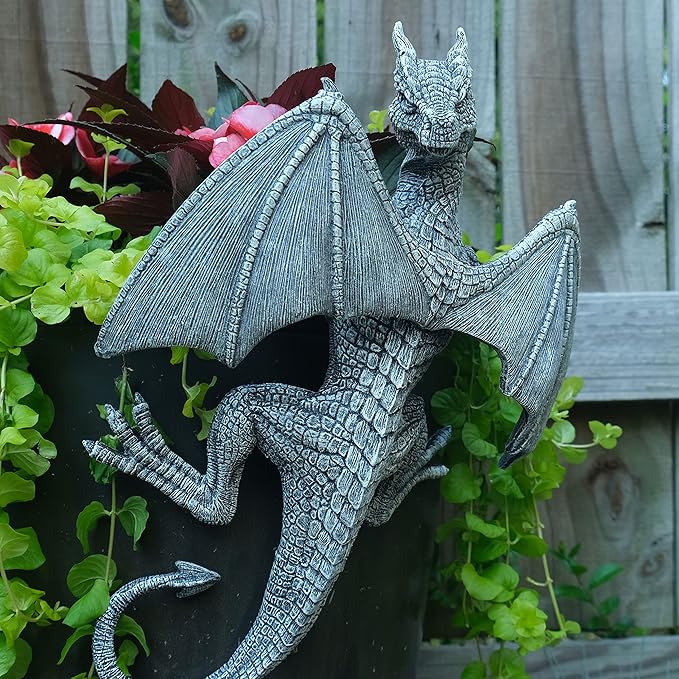 Dragon Winged Gargoyle Fence Hanger Outdoor Wall Decor- Detailed Fence Topper Hanging Statue- Gothic Climbing Grotesque Dragon for Garden, Patio, Porch (14 Inch)