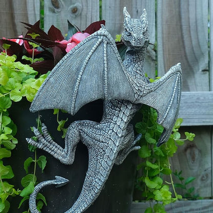 Dragon Winged Gargoyle Fence Hanger Outdoor Wall Decor- Detailed Fence Topper Hanging Statue- Gothic Climbing Grotesque Dragon for Garden, Patio, Porch (14 Inch)
