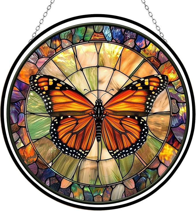 Monarch Butterfly Stained Glass Window Hangings, Cat Butterfly Sunflower Handcrafted Stained Glass Suncatchers, Gift for Cat Lovers Nature Lovers (12”x12”)