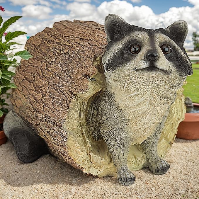 Garden 10.2" Raccoon Statue, Cute Outdoor Raccoon Decor, Resin Realistic Figurine, Animal Themed Garden Accent Art, Landscape Accent Gift Sculpture for Yard Patio Lawn Art