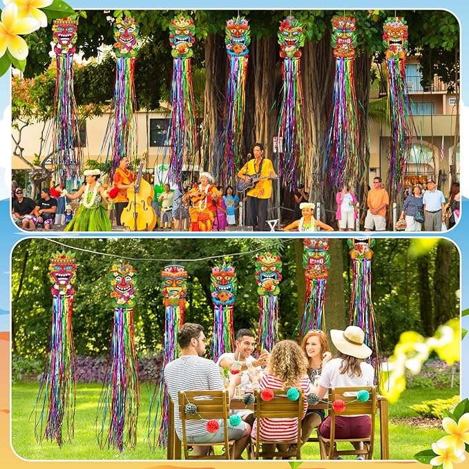 Affrolling 8 Pcs Hawaiian Luau Party Decoration Tiki Totem Hanging Decorations with Tassels for Aloha Hawaii Luau Tropical Birthday Party Supplies 3.3 ft Outdoor Summer Tiki Door Banner Sign Decor