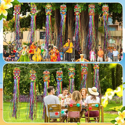 Affrolling 8 Pcs Hawaiian Luau Party Decoration Tiki Totem Hanging Decorations with Tassels for Aloha Hawaii Luau Tropical Birthday Party Supplies 3.3 ft Outdoor Summer Tiki Door Banner Sign Decor