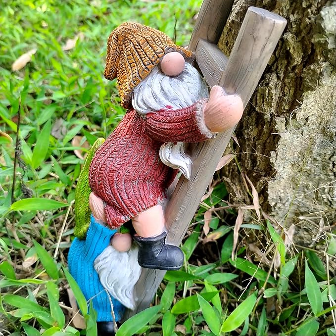 Funny Climbing Ladder Gnome Tree Hugger Decor, Garden Sculpture Decoration Elf Out The Door, Yard Ornament Resin Statue Outdoor Decor for Patio Lawn