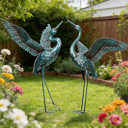 chisheen Garden Statue Outdoor Metal Heron Crane Yard Art Sculpture for Lawn Patio Backyard Decoration,46 inch (2-Pack) (Blue&Black)