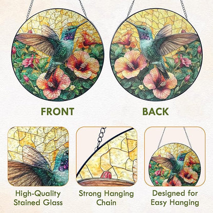 FLAGWIX Hummingbird Gifts for Women - Stained Glass Window Hanging 8 in - Sun Catchers Indoor Window for Boho Home Decor, Hibiscus Hummingbird Suncatcher, Mother Day Birthday Gifts for Mom Grandma