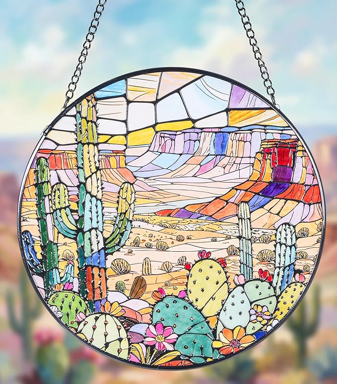 Stained Glass Window Hanging Suncatchers with Desert Cactus 12.6", Vibrant Glass Panel with Metal Chain for Home Decor Gift for Women Mother's Day, Birthday, Men, and Mom