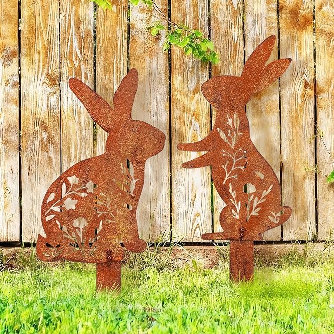 2 Pcs Easter Metal Rabbit Garden Stake Rusty Bunny Garden Decor Rustic Iron Rabbit Silhouette Decoration Art Flower Metal Cutout Sign Floor Standing Sculpture for Yard Decor Holiday Outdoor