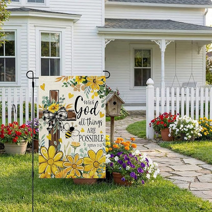 CROWNED BEAUTY Summer Garden Flag Floral Cross God 12x18 Inch Double Sided Small Yellow Seasonal Holiday Decoration for Outside Yard