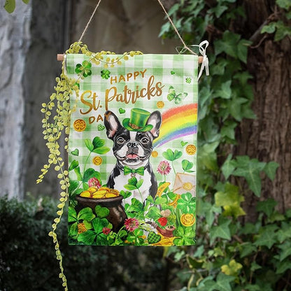 Boston Terrier St Patricks Day Garden Flag Dog St Patrick's Day Yard Flags for Outside 12x18 Double Sided Buffalo Plaid Shamrock Flag Small Outdoor Rainbow St Patrick's Decor