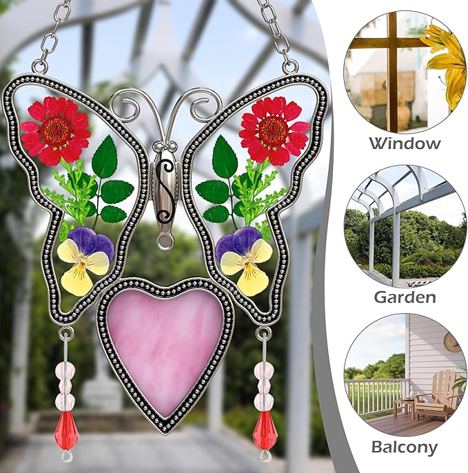 Love Heart-Shaped Glass Suncatcher with Pressed er Ornament, Wind Chimes with Real Flowers, Pendant Mom Grandma Lover Birthday Gift for Indoor or Outdoor Décor-Mom