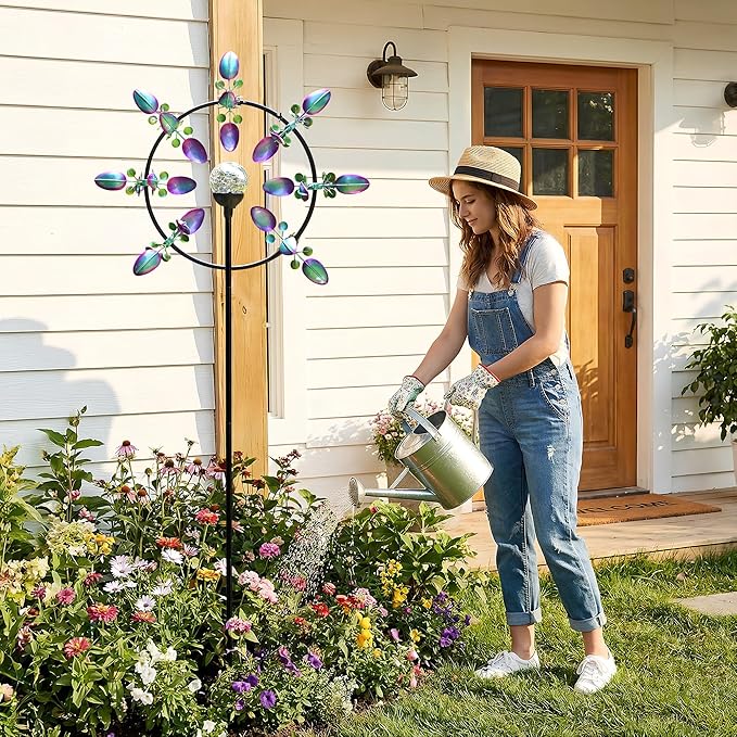Large Solar Wind Spinner for Yard and Garden – 360° Kinetic Metal Wind Sculpture with LED Crackle Glass Ball, Waterproof Outdoor Stake Decor for Patio, Lawn & Backyard Art Decoration