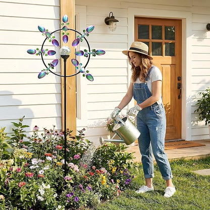 Large Solar Wind Spinner for Yard and Garden – 360° Kinetic Metal Wind Sculpture with LED Crackle Glass Ball, Waterproof Outdoor Stake Decor for Patio, Lawn & Backyard Art Decoration