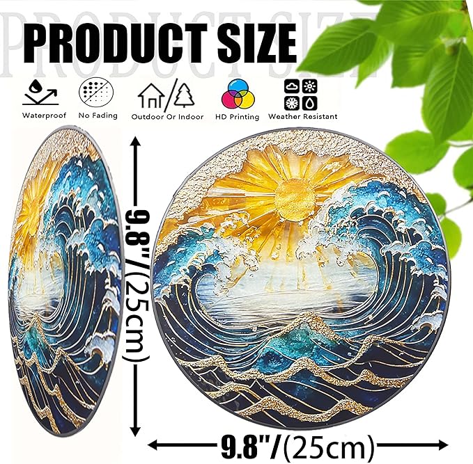 Ocean Wave Sunset Suncatcher Stained Glass Window Hanging - 10" Hand-Painted Sun Catcher Garden Hanging Decoration with Metal Chain Outdoor Garden Decor Christmas for Women