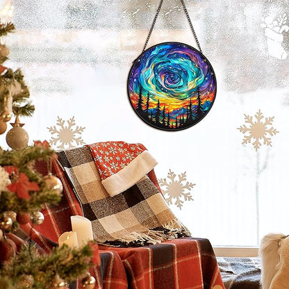 Northern Lights Suncatcher Stained Glass Window Hanging Decor Ornaments, Nature Mountain Stained Glass Decor, Landscape Garden Lawn Sun Catchers Hanging Wall Art, Nature Lover Gifts,7.9x7.9In
