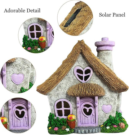 PRETMANNS Fairy House for Outside with Solar Powered LED Lights for Garden - Fairy Garden Houses for Outdoor - Miniature Accessories for Cottage Decor for Village - 7.56” High, Lavender