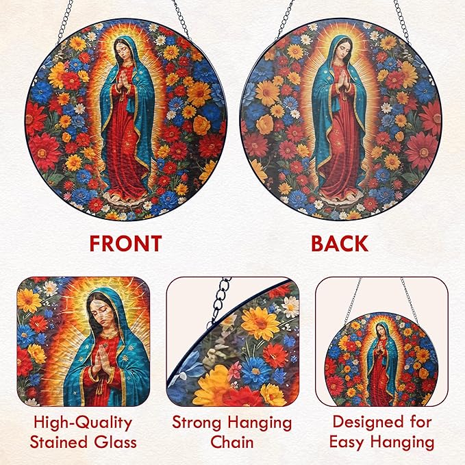 FLAGWIX Christmas Christian Gifts for Women - Virgen De Guadalupe Stained Glass Window Hanging 10 in - Christian Religious Gifts for Women Mom, Our Lady of Guadalupe Sun Catchers Indoor Window