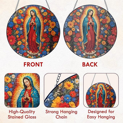 FLAGWIX Christmas Christian Gifts for Women - Virgen De Guadalupe Stained Glass Window Hanging 10 in - Christian Religious Gifts for Women Mom, Our Lady of Guadalupe Sun Catchers Indoor Window
