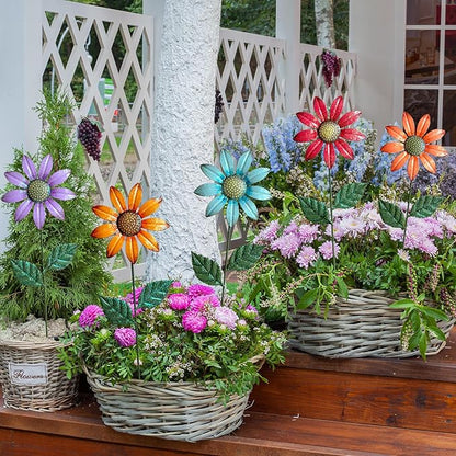 HUTHDAK Metal Flowers for Outside,5 Pack 16.15" Decorative Garden Stakes with Swaying Flowers Head Yard Art,Spring Garden Decor for Lawn, Pathway & Yard