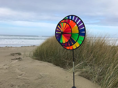 In The Breeze Rainbow Triple Wheel Spinner- Ground Stake Included - Colorful Wind Spinner for your Yard and Garden