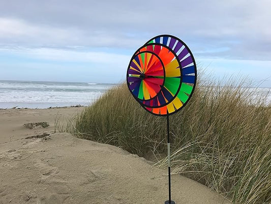 In The Breeze Rainbow Triple Wheel Spinner- Ground Stake Included - Colorful Wind Spinner for your Yard and Garden