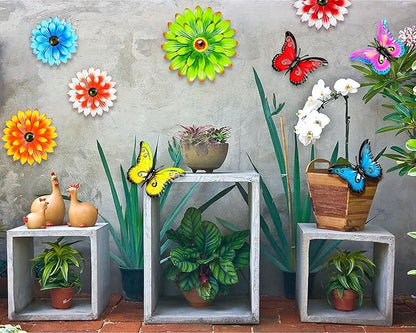 Gisafai 10 Pack Metal Flowers Wall Decor Outdoor, 3D Metal Daisy & Butterfly Fence Decor Wall Art for Garden Patio Backyard Balcony, Colorful Housewarming Birthday Mother's Day Gift(Vintage)