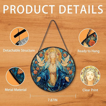 Virgin Christian Mary Suncatcher Stained Glass Window Hanging, Our Lady of Grace Sun Catchers Indoor Window Glass Round Wall Decor, Religious Flower Wall Art Hanging Decorations, ＂7.8x7.8＂