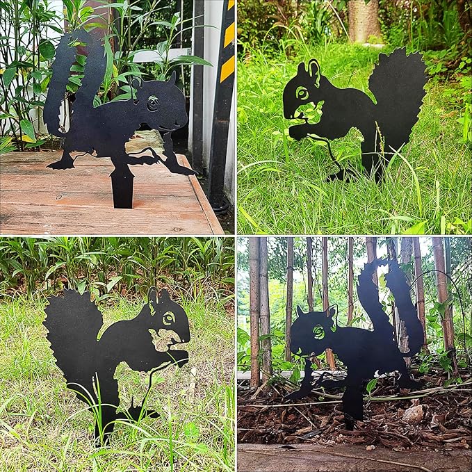 Tipmant Metal Iron Art Decoration Animal Silhouette Decorative Stakes Statues Ornament Crafts for Outdoor Gardens, Yard, Courtyards, Parks, Lawns, Potted Plants, Patio (4 Squirrels)