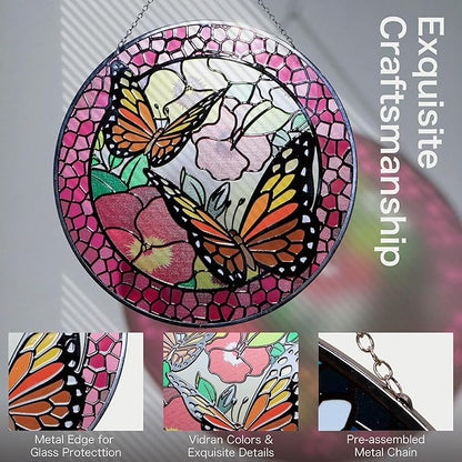 Hanway Suncatcher in Colorful Stained Glass 12" Dia - Genuine Brightly Colored Glass, Protective Metal Edge, Ready to Use Hanging Chain, for Window, Garden (Butterfly 2)