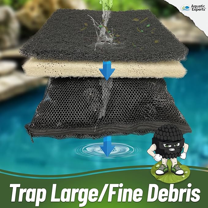 Aquatic Experts Koi Pond Filter Pad Bundle with Bio Balls – White Fine 12" x 72" + Black Coarse 12" x 72" Pads & 300 Count Bio Balls, Reusable Pond Filter Media