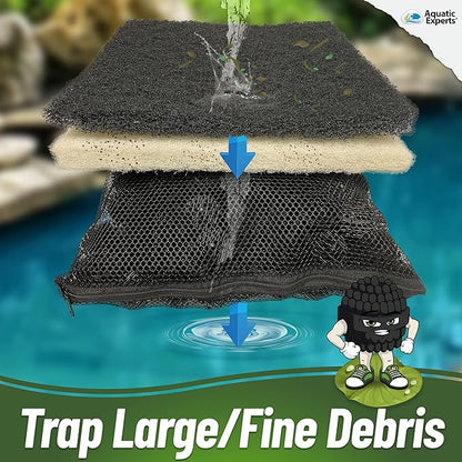 Aquatic Experts Koi Pond Filter Pad Bundle with Bio Balls – White Fine 12" x 72" + Black Coarse 12" x 72" Pads & 300 Count Bio Balls, Reusable Pond Filter Media
