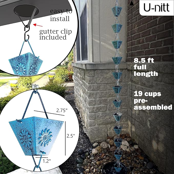 U-nitt Rain Chain Water Collection for Gutters Rainwater Catcher & Diverter, 8.5 FT Chains for Outside Garden Patina Square Cups, Roof Downspout, Works with Heavy Rain, w/ Gutter Clip for Rainchains