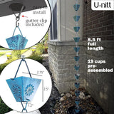 U-nitt Rain Chain Water Collection for Gutters Rainwater Catcher & Diverter, 8.5 FT Chains for Outside Garden Patina Square Cups, Roof Downspout, Works with Heavy Rain, w/ Gutter Clip for Rainchains