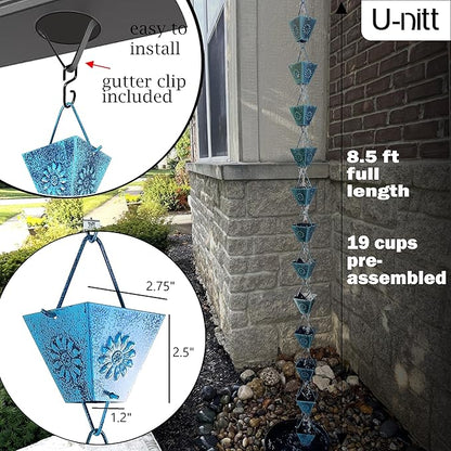 U-nitt Rain Chain Water Collection for Gutters Rainwater Catcher & Diverter, 8.5 FT Chains for Outside Garden Patina Square Cups, Roof Downspout, Works with Heavy Rain, w/ Gutter Clip for Rainchains