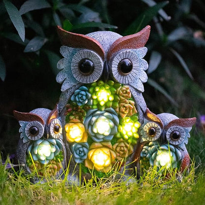 Candieslife Solar Garden Statue Owl Decor – Cute Owl Family Figurines with LED Succulent Lights, Waterproof Outdoor Yard Art Ornaments for Patio, Lawn, Porch, Housewarming Gifts for Women Mom