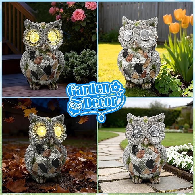 Garden Owl Statue Outdoor Decor with Solar Lights, Resin Owl Figurines for Patio Yard Porch Lawn Solar Owls Decorations Birthday Gift for Women Bird Lovers