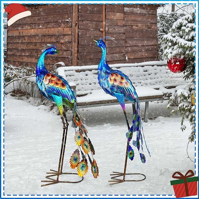 33.4“ Lifelike Metal Peacock Garden Sculptures Set of 2 - Hand-Painted Garden Peacock Sculpture Art and Durable Yard Art Outdoor - Garden Large Peacock Decorations for Patio Lawn or Backyard