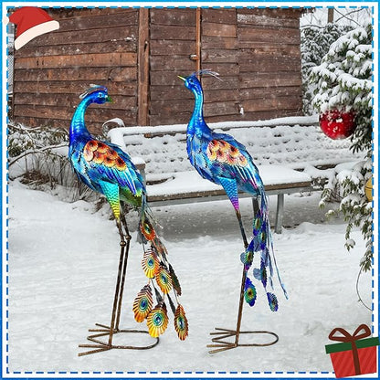 33.4“ Lifelike Metal Peacock Garden Sculptures Set of 2 - Hand-Painted Garden Peacock Sculpture Art and Durable Yard Art Outdoor - Garden Large Peacock Decorations for Patio Lawn or Backyard
