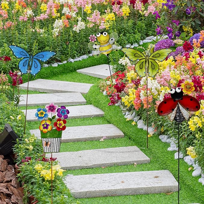 Metal Garden Stakes Spring Yard Sign Decorative Plant Stake Lawn Art Patio Decor Pathway Ornaments Indoor Outdoor Decoration (Green Butterfly)