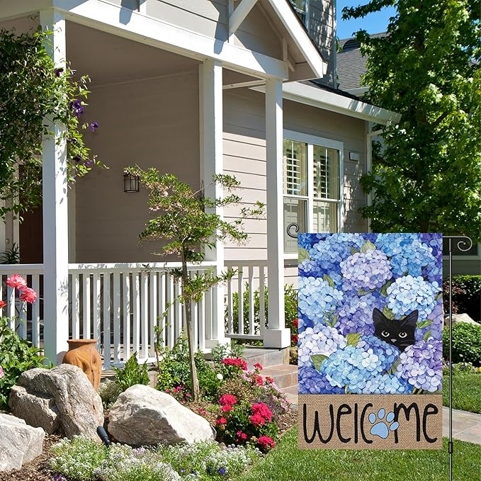 Louise Maelys Spring Summer Garden Flag Black Cat Hydrangea Flower Welcome Double Sided 12x18 Inch Floral Paw Print Seasonal Small Burlap Holiday Yard Outdoor Outside House Decor