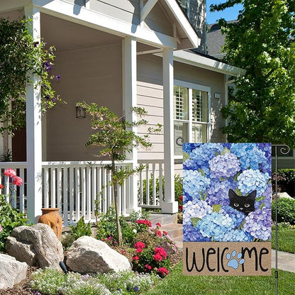 Louise Maelys Spring Summer Garden Flag Black Cat Hydrangea Flower Welcome Double Sided 12x18 Inch Floral Paw Print Seasonal Small Burlap Holiday Yard Outdoor Outside House Decor