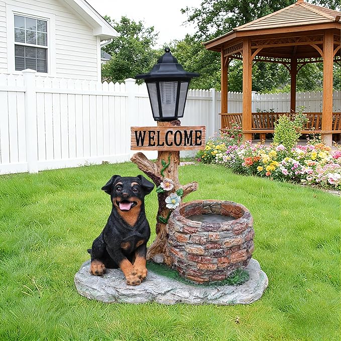 Solar Garden Statue with Planter & Solar Lantern, Outdoor Resin Animal Sculpture, Waterproof Yard Lawn Decor Pot for Succulents, Front Porch Ornament Housewarming Gift (Rottweiler)