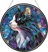 Tuxedo Cat Stained Glass Window Hanging,Hummingbird Sun Catchers Indoor Window Decor, Stained Glass Suncatcher Gifts for Women, Christmas